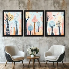 Pastel Forest Wall Art Set Of 3 Prints Minimalist Woodland Illustration Nursery