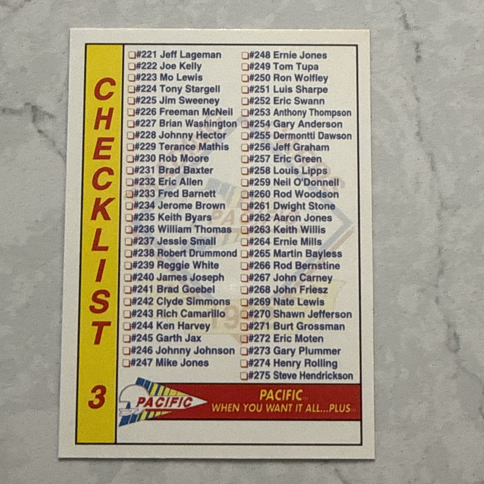 1992 Pacific Football Checklist #3 3 Of 8 Insert - Trading Card