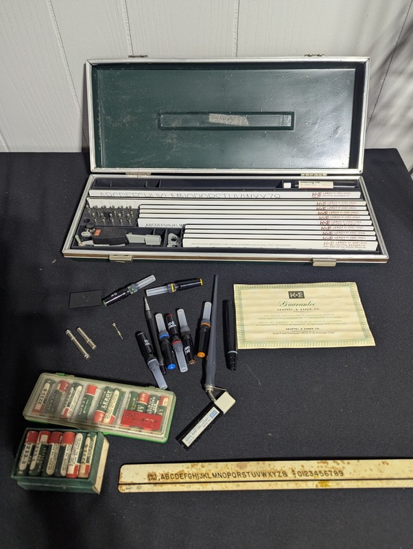 Leroy II Lettering set Keuffel Esser K&E vintage drafting tools case + extras