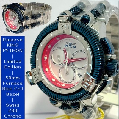 KING PYTHON 50mm Dark Blue Bezel |Swiss Chrono Silvertone Bracelet INVICTA Watch