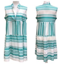 Boho Teal Geo Print Sleeveless Tunic Dress V-Neck Flowy Women's Size M