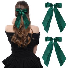 2 PCS Double Layer Hair Bows Green Ribbon Clips Ponytail Holder Accessories