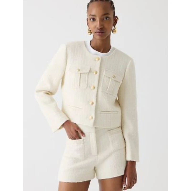 Traje de Bolsillo Parche Edición Limitada J.Crew Corto Tweed Preppy Lana Marfil EE. UU. 14 NUEVO CON ETIQUETAS Foto 3 de 4