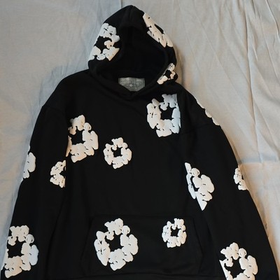 DENIM TEARS Men's Black Pullover Hoodie Graphic Print Pockets Size M