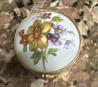 Limoges Artoria France Porcelain Miniature Round Trinket Box Floral Goldtone Vtg