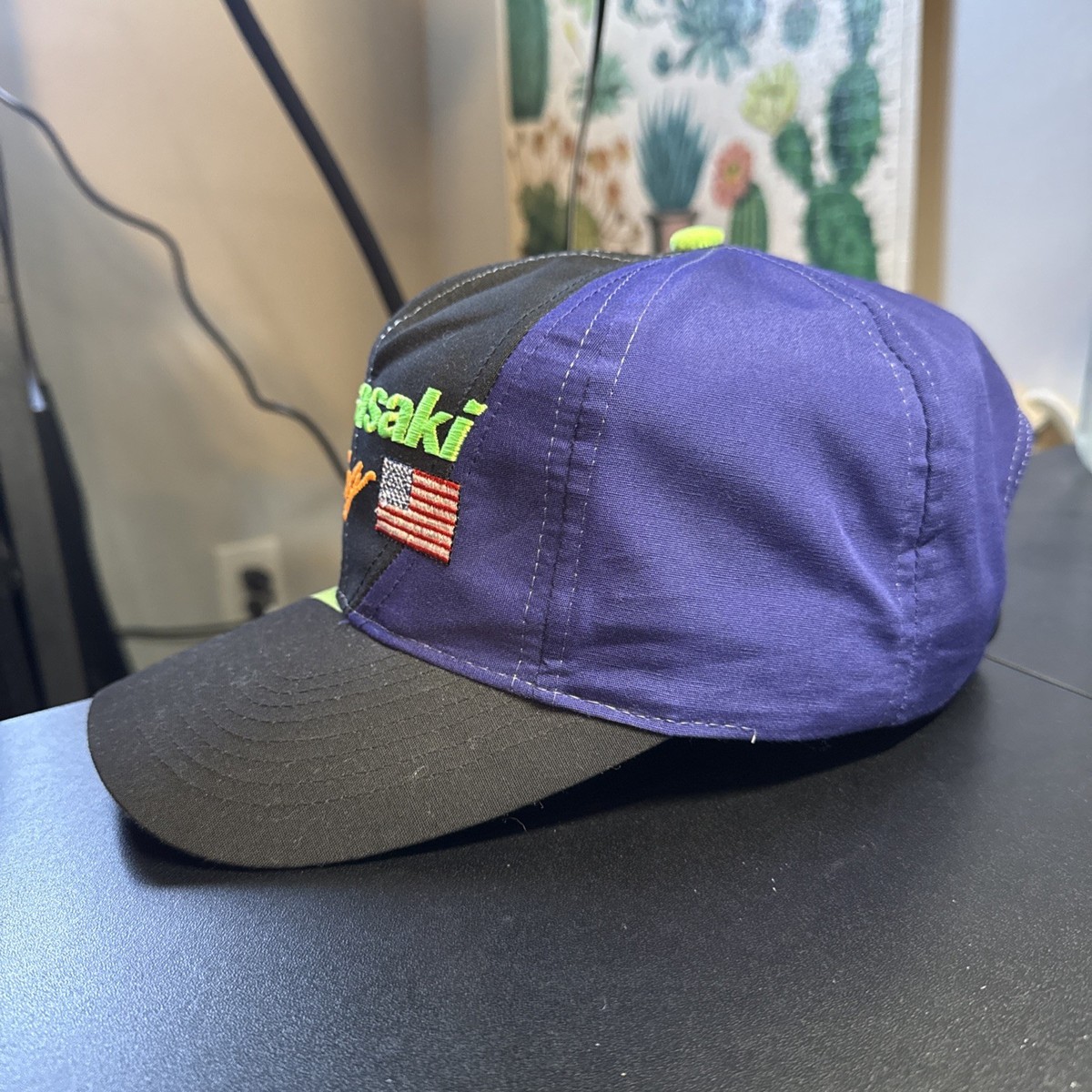 Vintage Kawasaki Racing Snapback Hat Cap USA Flag Checkered Flag