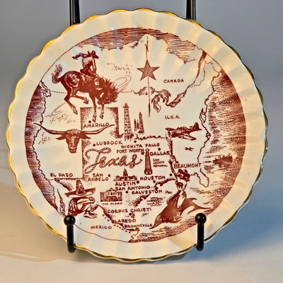 Vintage Texas Map Plate Cowboy Longhorn Oil Derricks Alamo Western 7.5''
