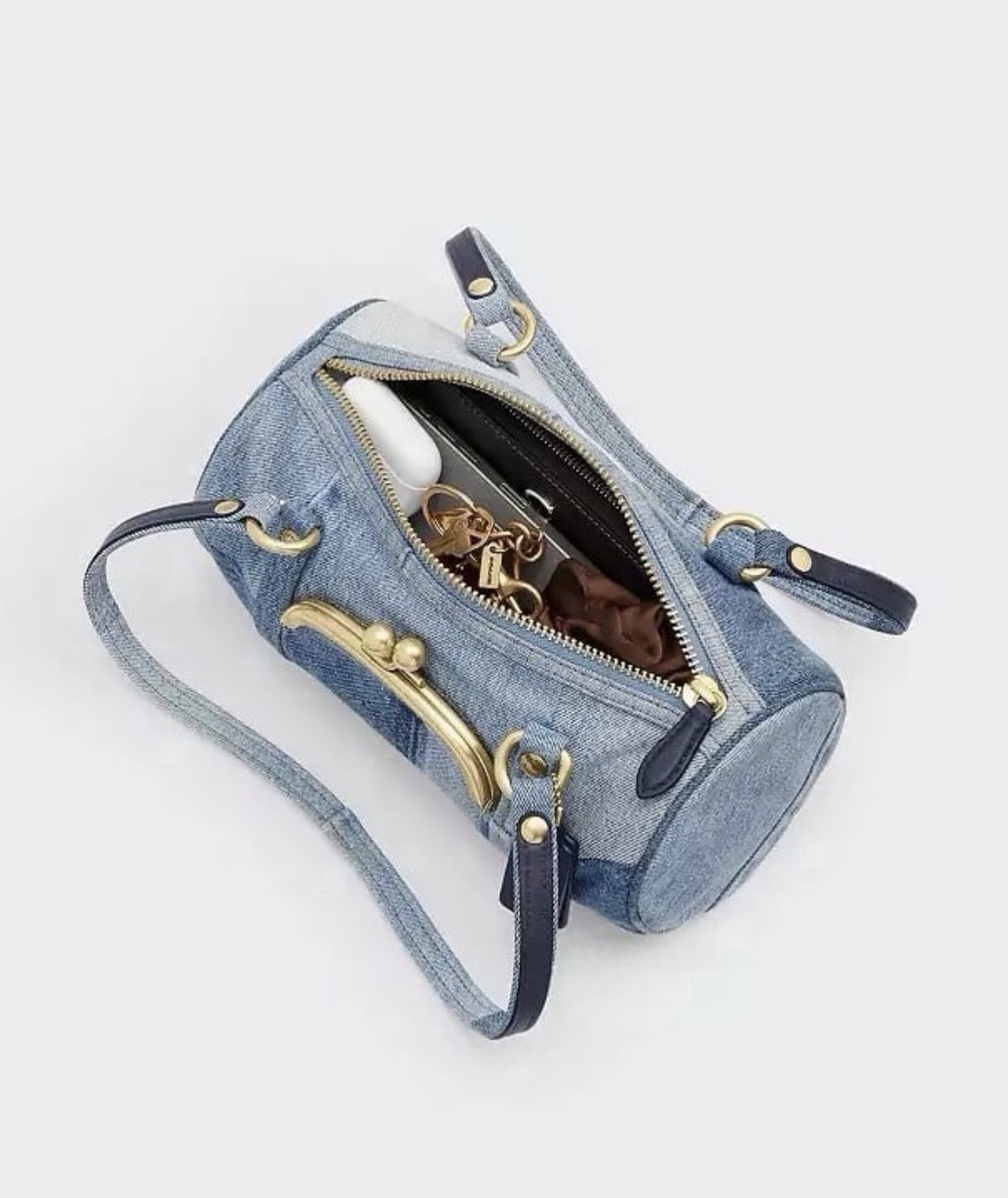 Coach Kisslock Barrel Bag 28 in Repurposed Denim & Soft Leather