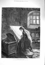 Original Old Antique Print 1876 Portrait Elaine Tapestry Fine Art Victorian