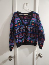 Vintage 1980s Womens Small L.L.Bean 100 Wool Geometric Cardigan Sweater