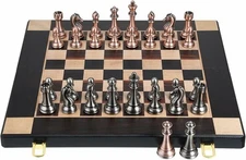 15" Elegant Metal Chess Set With Metal Chess Pieces - Foldable Wooden Board