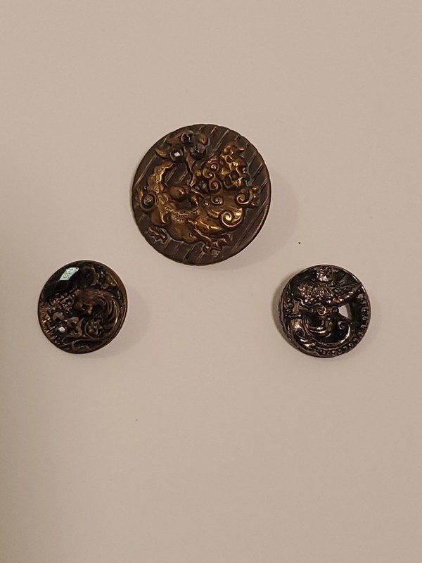 3 Antique Victorian Metal Picture Buttons – Foo Dog, Bird & Cut Steel...