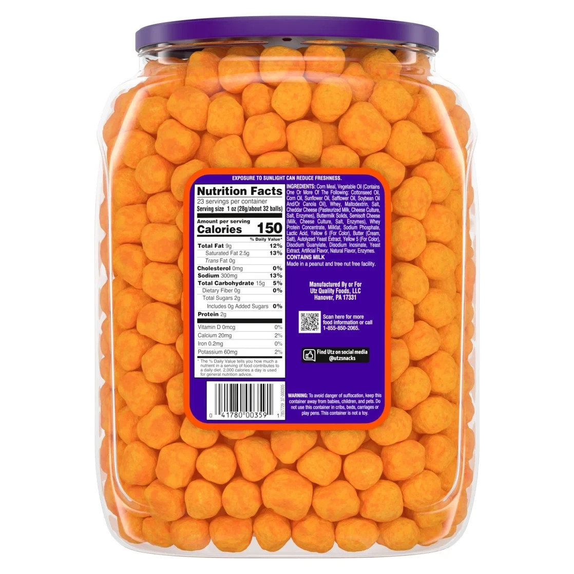 Utz Cheese Balls, 23 oz Barrel. Made With Utz's Signature Family - Pack of 2