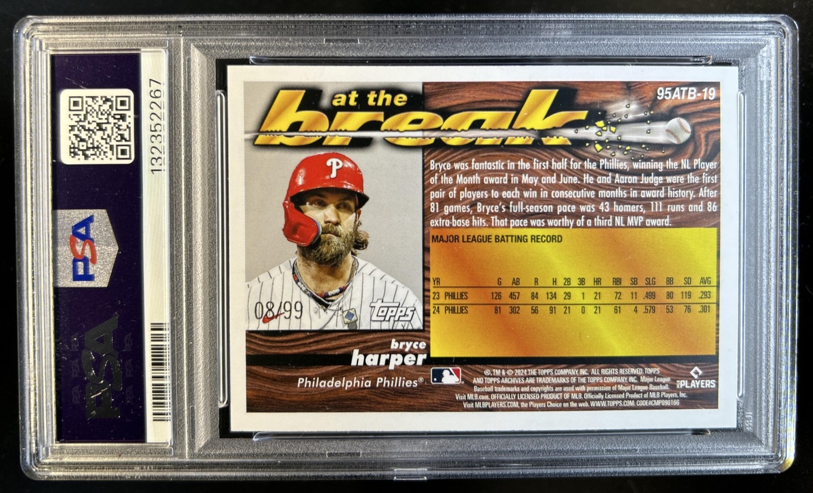 2024 Topps Archives Bryce Harper 1995 At the Break Green Foilboard #/99 PSA 9 view 2