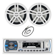 Pyle Bluetooth Marine Receiver, 2x 6.5" 180W White Boat Audio Speakers, Antenna