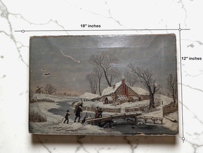 Antique 19thC Dutch School Winter Landscape Oil Painting Windmill Cabin Bridge
