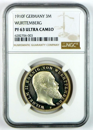 1910F Germany: Württemberg Silver 3 Mark - NGC PF 63 UC - KM# 635 - William II