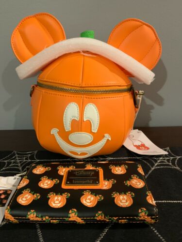 Disney Loungefly Mickey Jack-O-Lantern Pumpkin Crossbody Bag and 