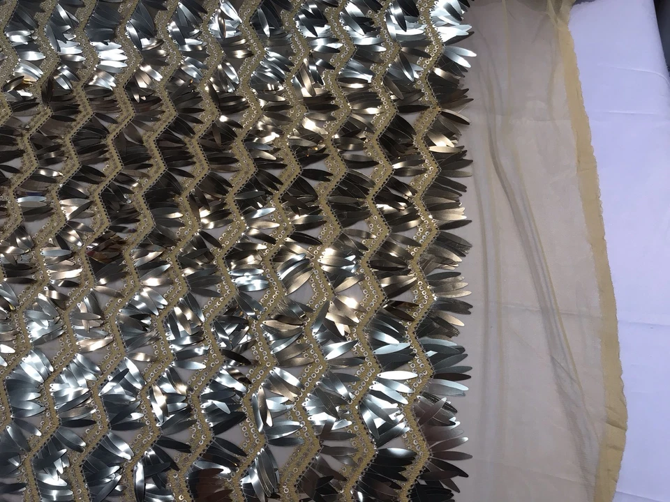 GOLD CHEVRON EMBROIDERY WITH LONG SEQUINS ON A MESH-SOLD BY THE YARD. - Image 4 of 4