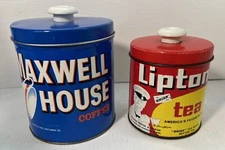 Vtg Maxwell Coffee Lipton Tea Canister Button-Top Tin JL Clark Containers 1960's