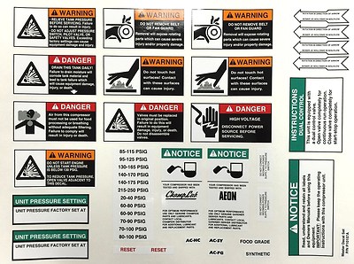 AIR COMPRESSOR MASTER SAFETY DECAL SET AIR COMPRESSOR PARTS