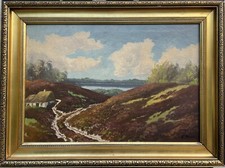 Unbekannter Impressionist Weiter Blick Heidelandschaft Bauernkate See Dänemark 