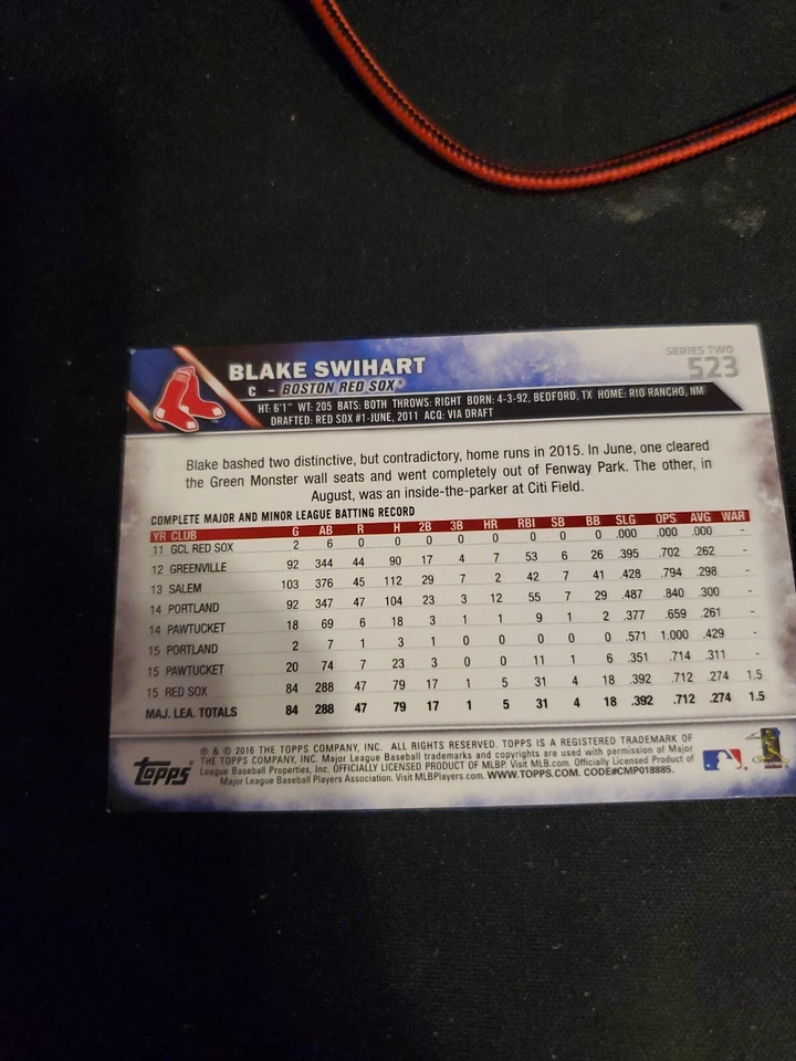 Topps Mini Blue Parallel #523 2016 Blake Swihart (06/10) Boston Red Sox raro Foto 2 de 2