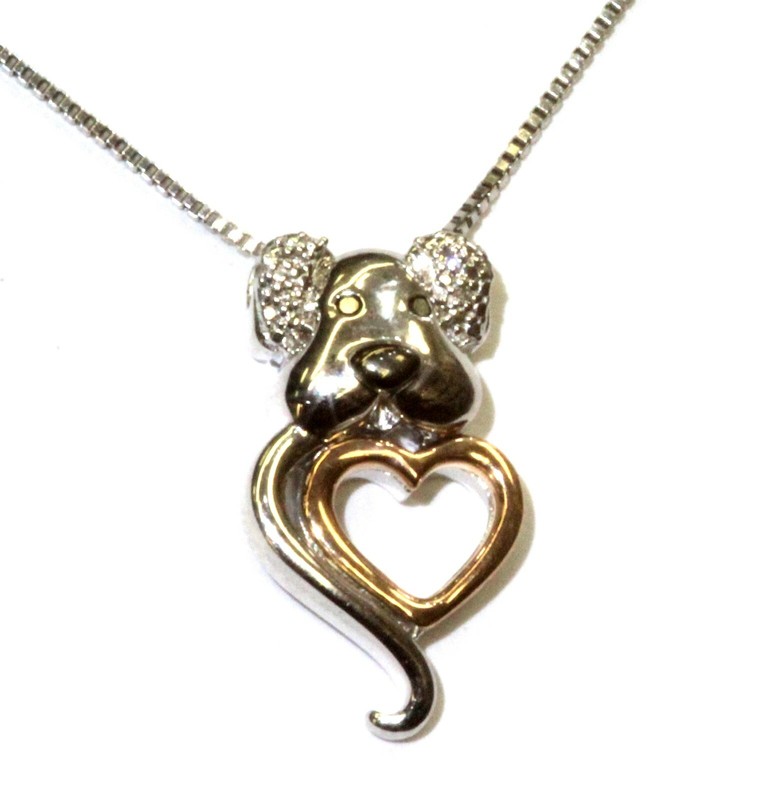 925 10k rose gold black white diamond dog heart pendant necklace puppy love 18"
