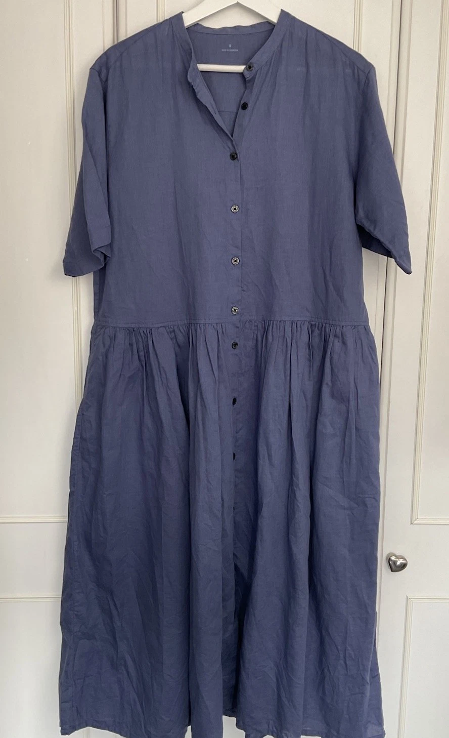 Muji Linen Shirt Dress Tiered Midi Size Small Blue Pockets Short Sleeves Cotton