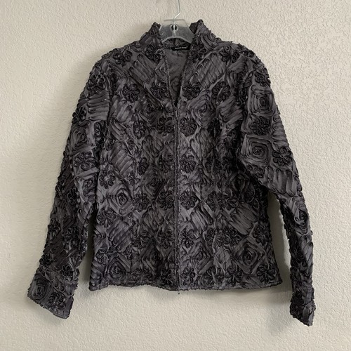 Samuel Dong Jacket Women XL Textured Floral Ribbon Rosette Metallic Shimmer Gray