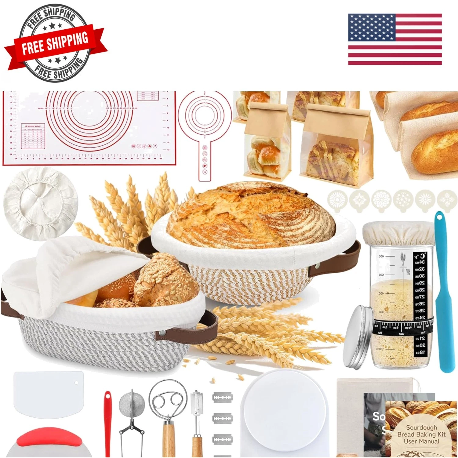 38Pcs Sourdough Bread Baking Supplies – 11'' Oval & 10'' Round Cotton Rope Ba...