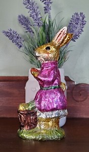 Easter Foil Wrapped Girl Faux Chocolate Bunny Rabbit w/ Egg Figure Statue