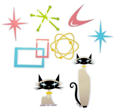 Retro Atomic Mid Century Symbol Vinyl Stickers Starburst Atom Siamese Cat