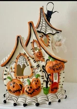 Blue Sky Clayworks Goldminc Halloween PUMPKIN PALACE Stitched Pumpkin Tea Light
