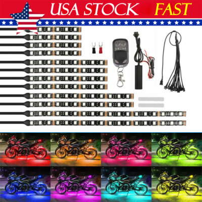 12PCS Motorcycle RGB LED Strip Light Under Glow Neon Decor Kit w/ Remote Control