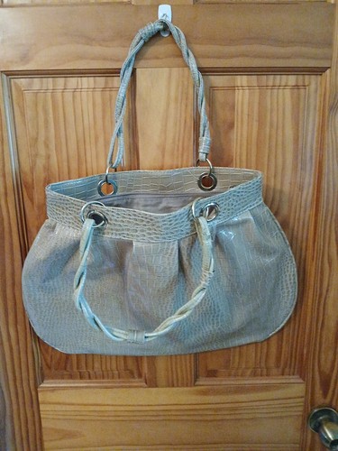 JESSICA SIMPSON Croc Embossed Faux Patent Leather Large Shoulder Bag -Taupe - Picture 7 of 11