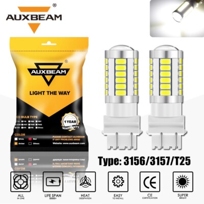 AUXBEAM 3157 3156 T25 33SMD LED Reverse Brake Turn Signal Light Bulb 6000K White