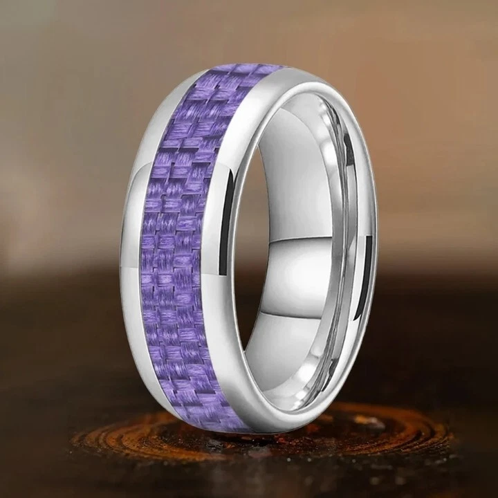 Anillo de carburo de tungsteno pulido cúpula con incrustación de fibra de carbono púrpura 4/6/8 mm para hombres y mujeres Foto 3 de 4