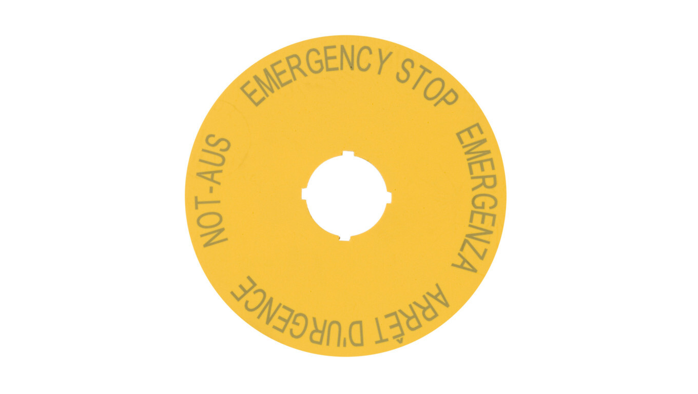 Description plate, yellow, round, fi90 EMERGENCY STOP M22-XAK1 216465 /T2UK