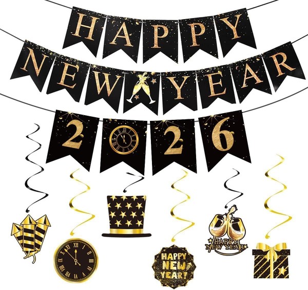Silvester Deko Happy New Year Girlande Banner Schwarz Gold Spiral Girlanden-image