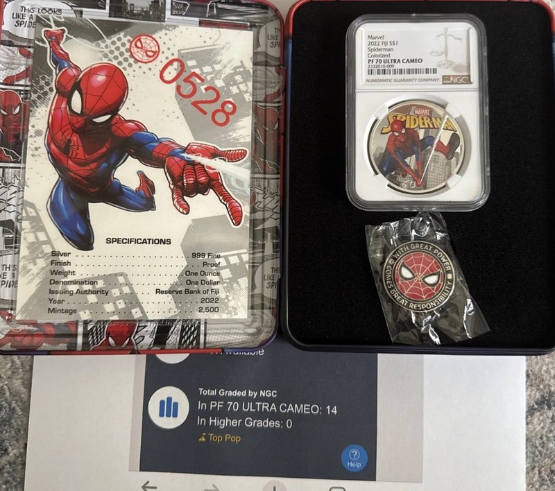 Silver 1 Oz 999 Spiderman 1 Of 14 Ngc Pf70 Uc Marvel Comics 2022 Top Pop Ngc