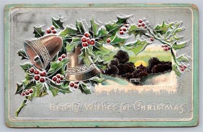 Vintage Christmas Postcard 1916 Embossed Holly Bells Winslow Indiana Postmarked