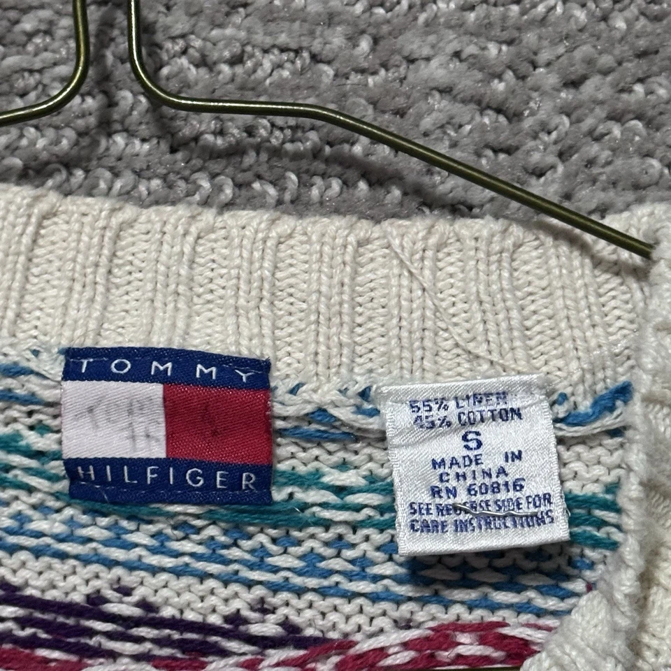 Suéter de punto Tommy Hilfiger vintage para mujer pequeño diseño a rayas blancas Navidad Foto 3 de 4