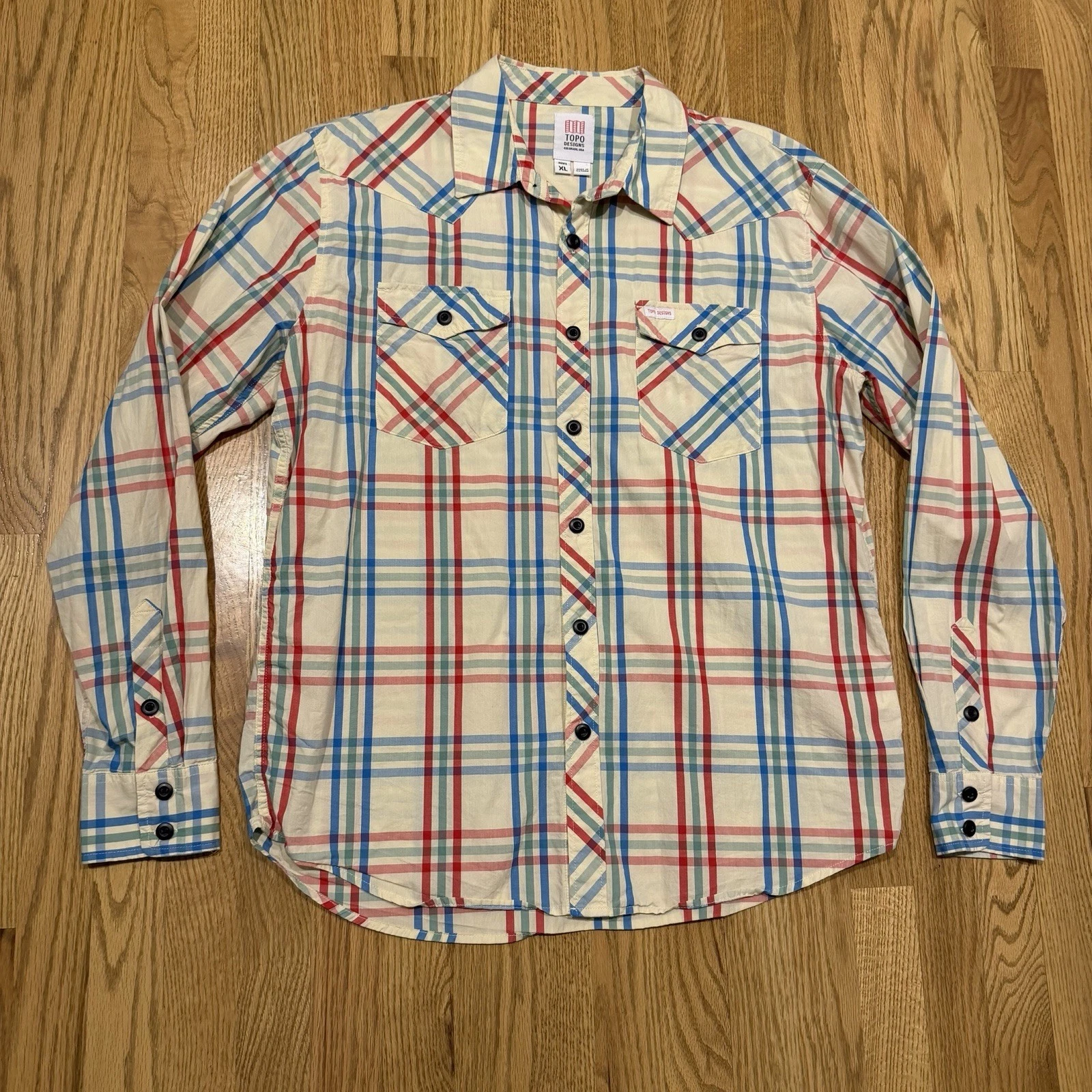 🌄 Topo Designs Plaid Button Up Shirt Mens XL Long Sleeve Pockets Organic Cotton