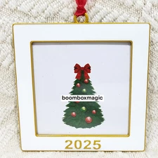 2025 CHRISTMAS TREE ORNAMENT PHOTO PICTURE FRAME ENAMEL WHITE & GOLD SQUARE 2.5"