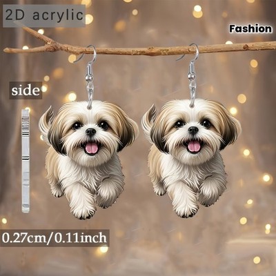 Charming Shih Tzu Puppy Running - 2D Flat Acrylic Earrings - Measures 1.22''