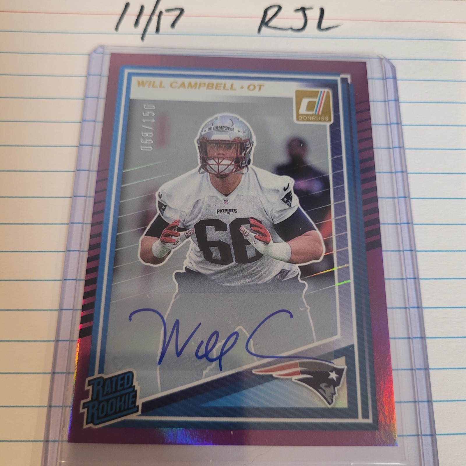 2025 Donruss Will Campbell Rated Rookie Purple Auto #/150 New England Patriots