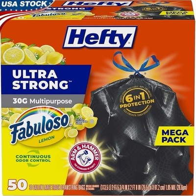 50 Ultra Strong 30 Gallon Drawstring Trash Bags Odor Control Lemon Scent New