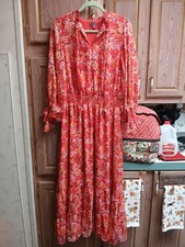 Vince Camuto Maxi Dress XL Orange,Pink, Green Floral V-Neck Ruffle, Sheer LS