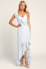LULUS Forever Be Light Blue Ruffle Rose Print Dress Size Medium NEW NWT